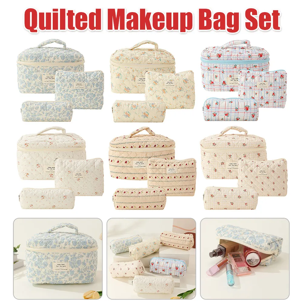 

Набор из 3-х косметичек с цветочным принтом для женщин, эстетичные сумки для туалетных принадлежностей, вместительные, на молнии, хлопковые, для девочек, набор для хранения