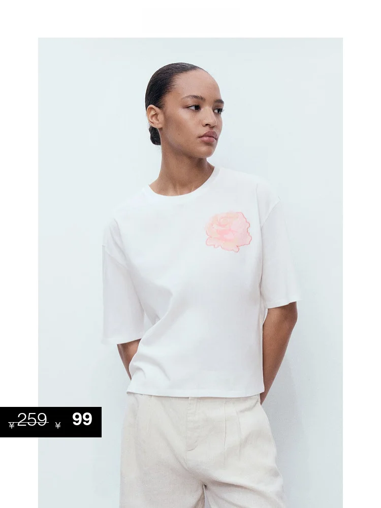 Mango Women's Cotton T-irt round Ne ort Sve Embroidered Print Casual Top Summer Faion Ladies' Clothing