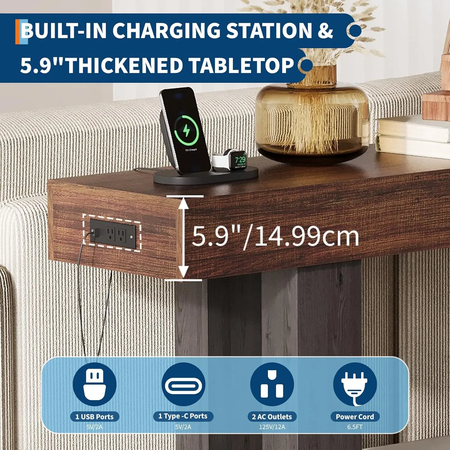 63-Inch Long Console Table, Farmhouse Wood Sofa Table Behind Couch Tables, USB & Type c Ports, Entryway Table Accent Table for Living Room, Entrance, Hallway image 4