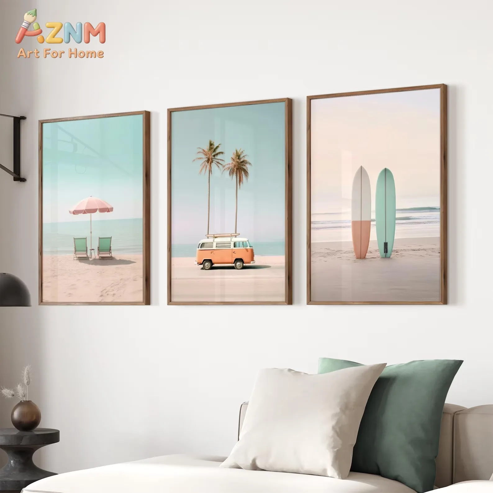 AZNM Pastel Retro Beach Camper Van Surfboard Canvas Wall Art Tropical Palm Tree Seaside Scene Unframed Canvas Print Coastal Livi
