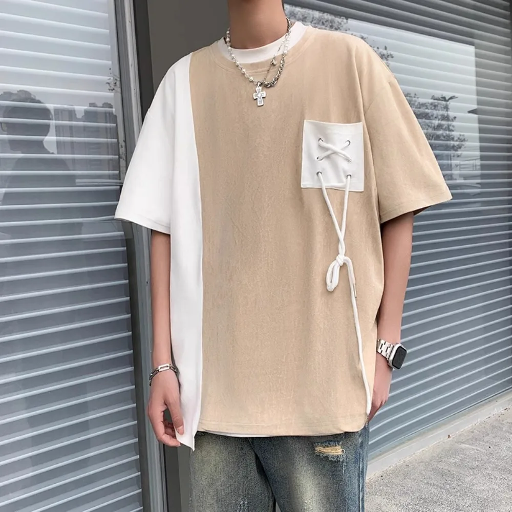 T-shirts Men Patchwork Pockets Loose Fashion High Street Students Korean Style Panelled Simple Shopper Summer Lace Up Individual