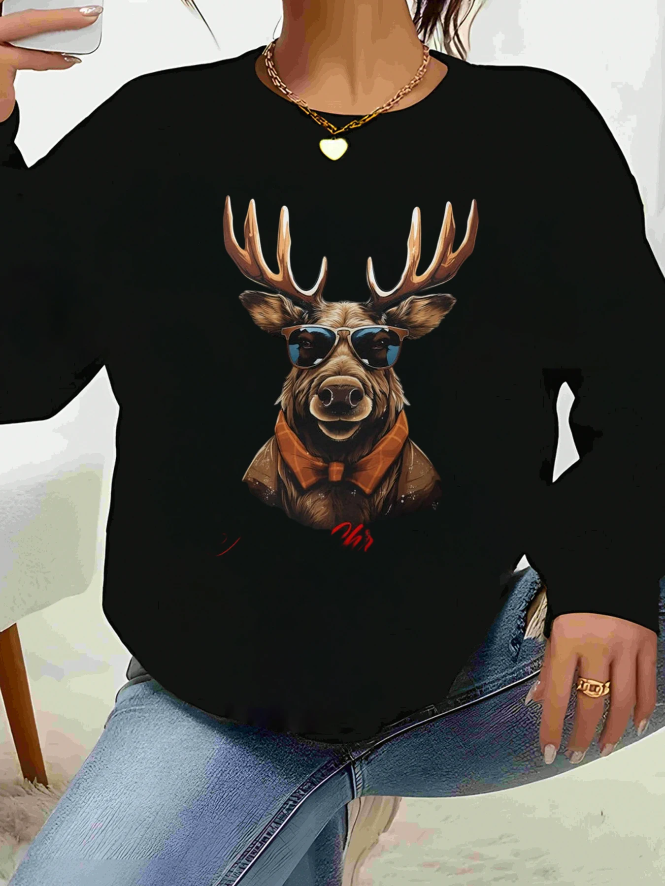 

Рождественский свитшот с длинными рукавами и принтом оленя с солнцезащитными очками и галстуком-бабочкой, повседневная женская одежда