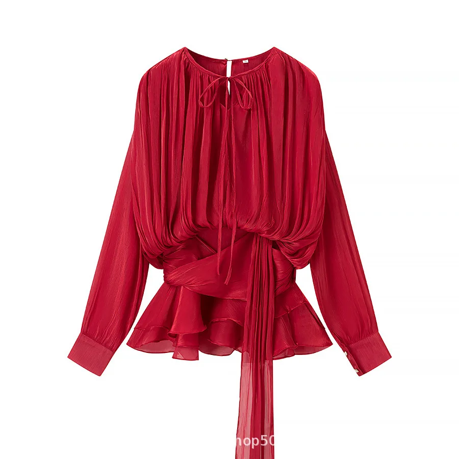 Summer  new collection: European and American style, fashionable, pleated high-waisted, shiny long-sleeved dress and short skirt