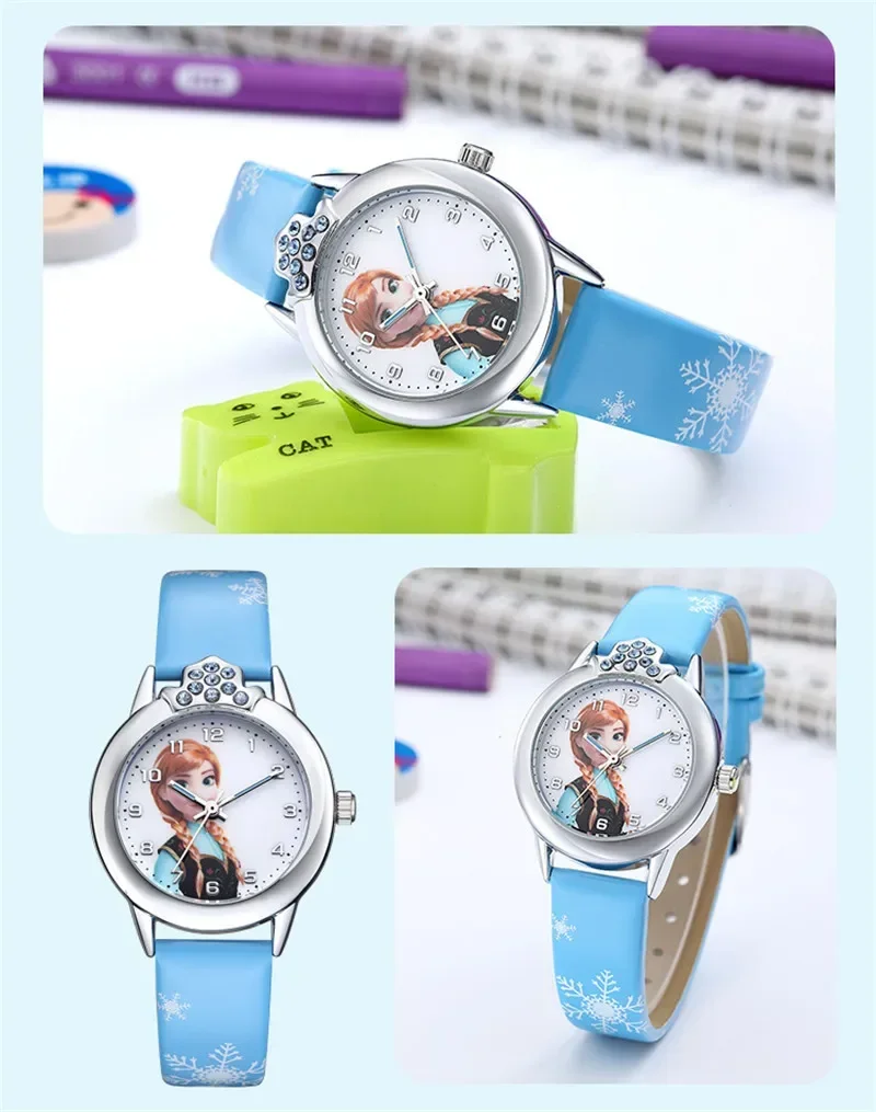 Disney Frozen Princess Kids Watches Leather Strap Cute Children\'s Cartoon Wristwatches  Gifts for Festivals Kids Girl watches