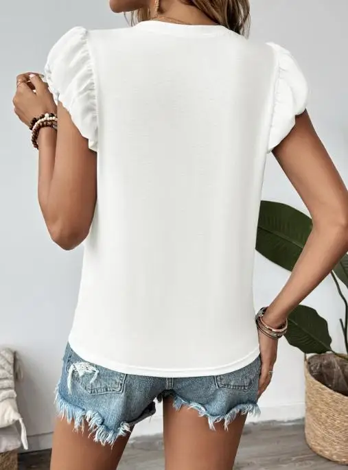 

Summer 2025 Elegant and Cute Girl Style with Nail Bead Bubble Sleeves T-Shirt Top Casual Bow Round Neck Pullover for Women
