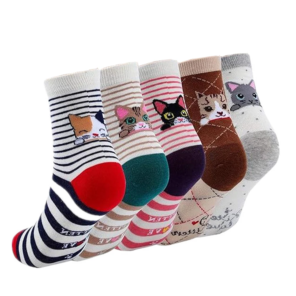 5 Paar süße Damensocken, Cartoon-Tier, modisch, Streifen, Katzenkopf, Bild, Herbst-Winter, mittlere Röhrensocken für Frauen