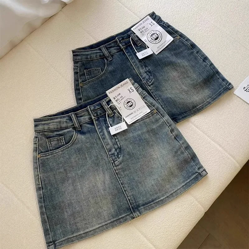 Sexy Retro High Waist Denim Skirt Women's Anti-Light Versatile Slimming American Hot Girl f-length Summer Skirt