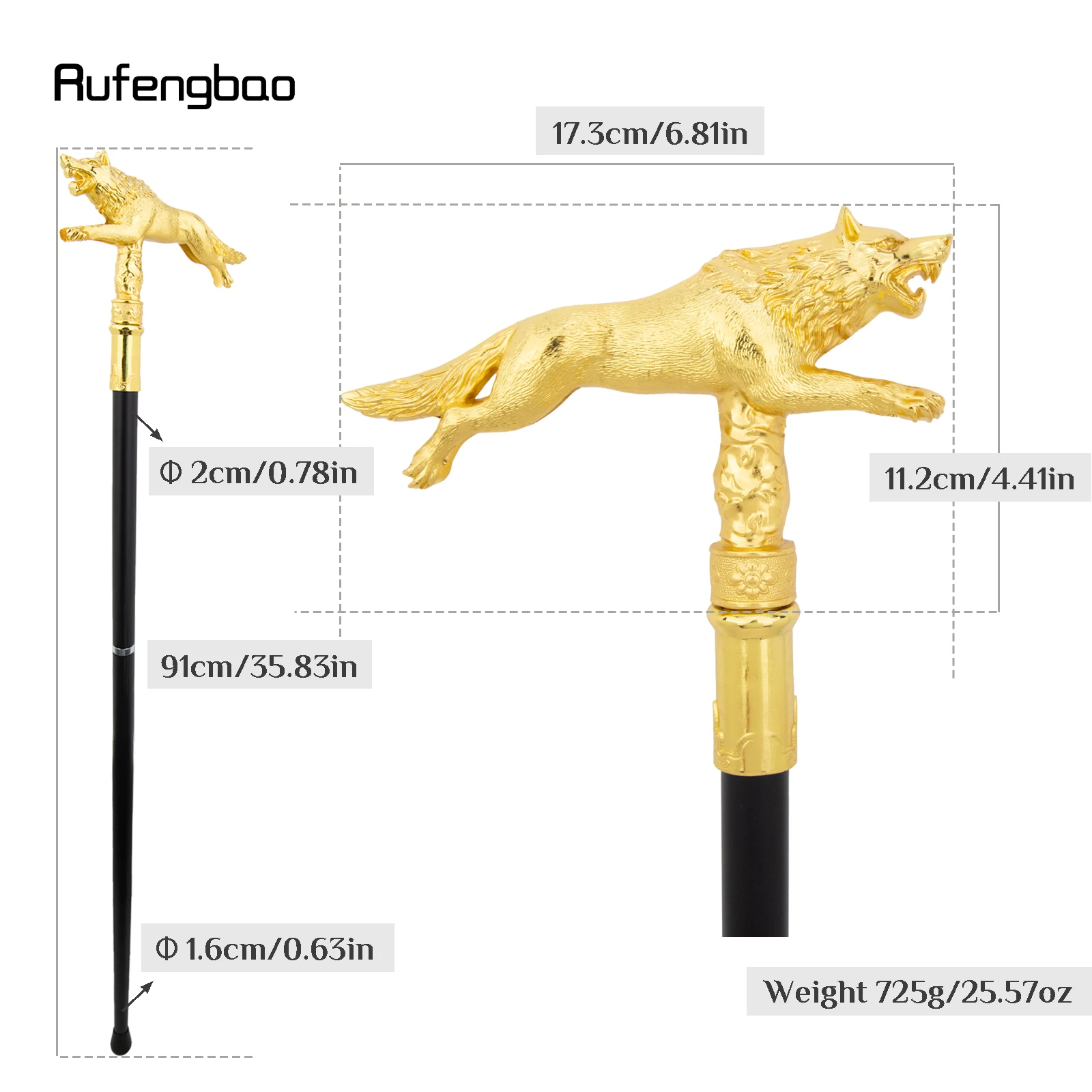 Bengala Decorativa Golden Wolf para Caminhada e Corrida, Elegante para Cavalheiros, Cosplay, com Punho, 91cm