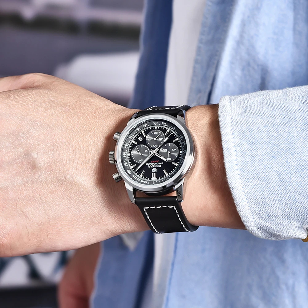 BENYAR Mens Watches Top Brand Luxury Sports Chronograph Quartz Watch Men Military Waterproof Genuine Leather Reloj Hombre 2023