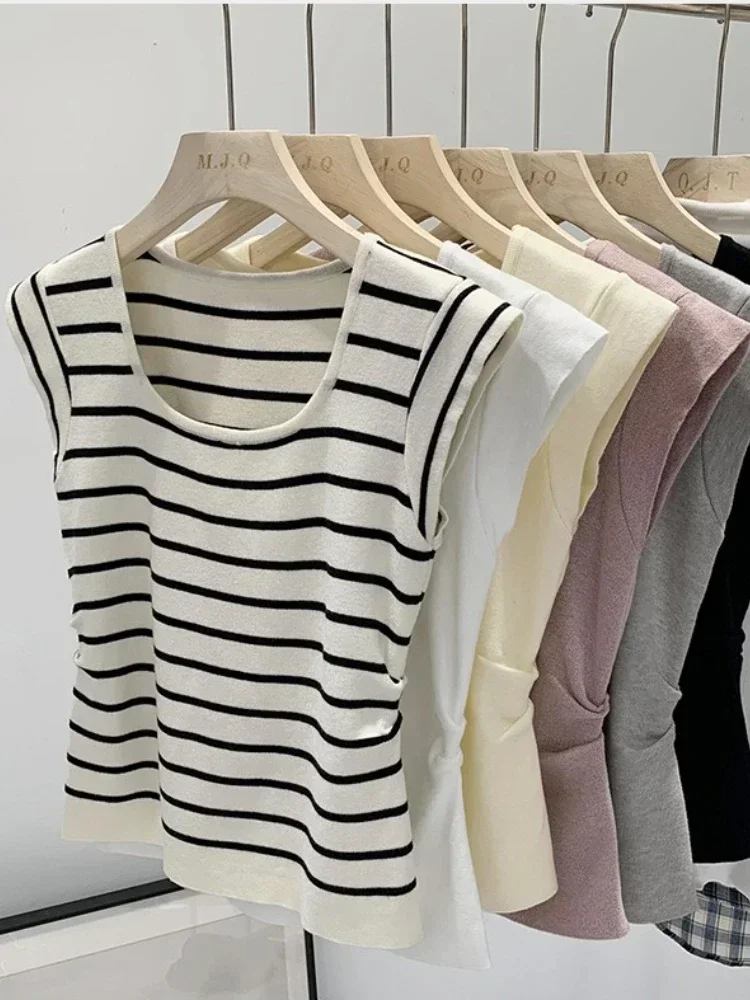 2025 Summer Spring Striped Tank Tops Women Sleeveless Knitted T-Shirts Crop Tops Female Elastic Slim Casual Vests Pullover Camis