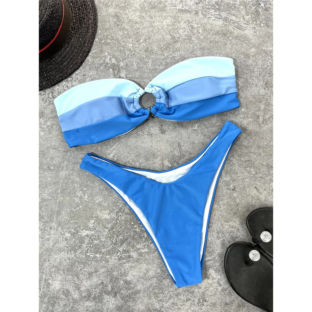 Sexy Splicing Bandeau Bikini mit mittlerer Taille, Damen-Badebekleidung, zweiteiliger Bikini-Set, Badeanzug, Badebekleidung, Damen-Bikini V3769 – Detail 10