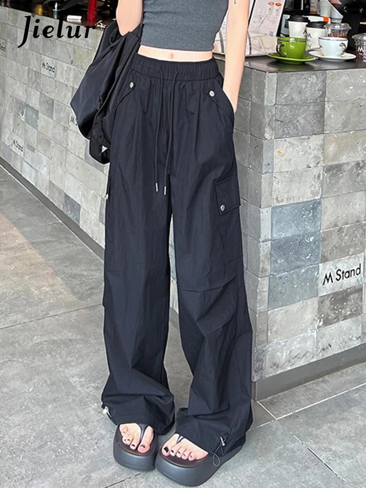 

Solid Color High Street Loose Casual Women Cargo Pants American Chic Drawstring Elastic Waist Fashion Full Length Female Pants