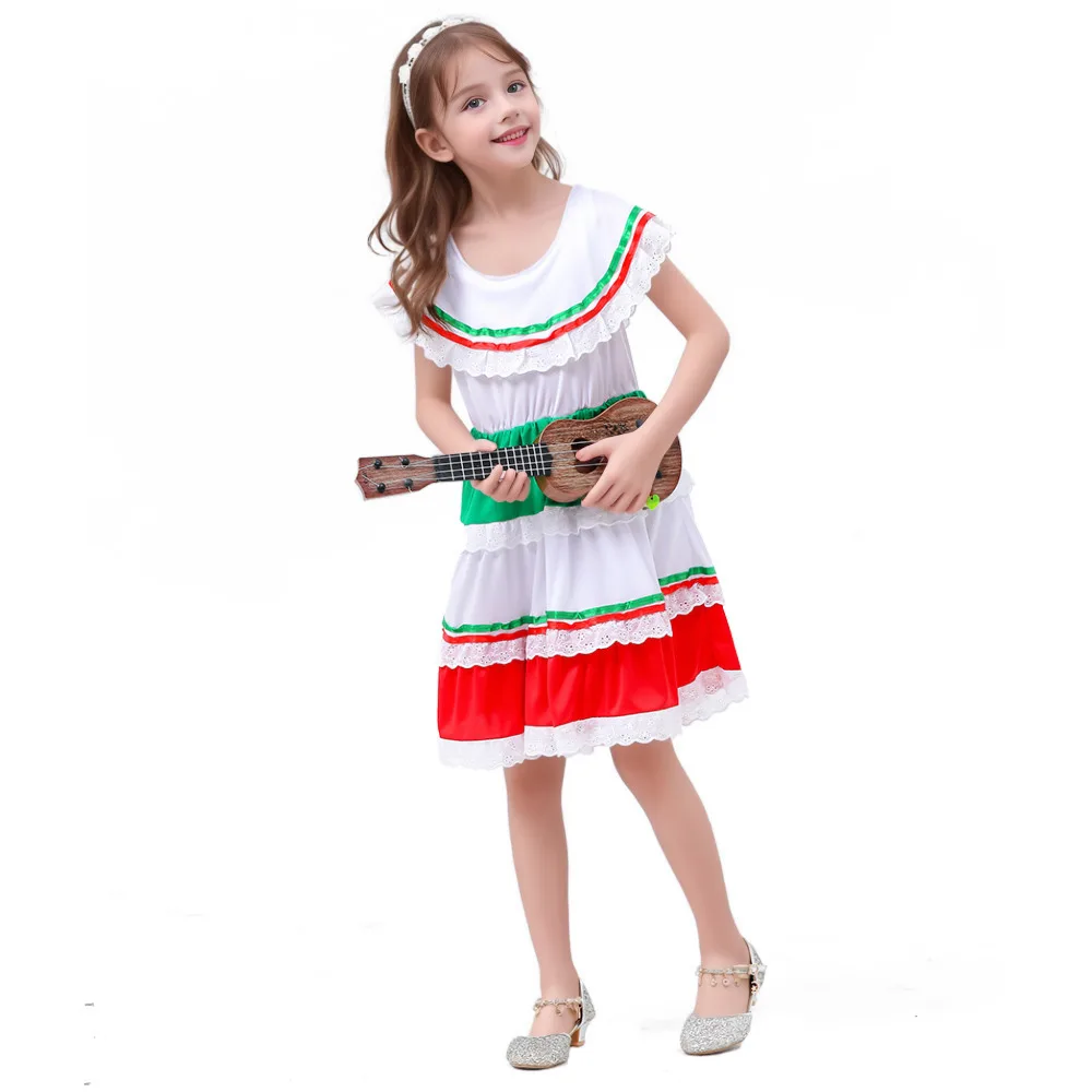 Costume cosplay per ragazze tradizionali messicane per bambini, vestito operato bianco, per bambini, Cinco De Mayo, carnevale, festa di Halloween