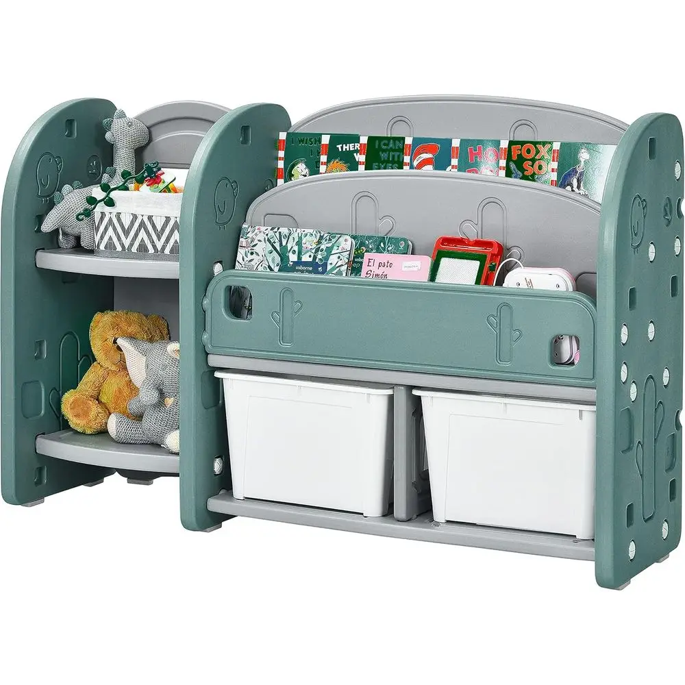 

Green Kids Toy Storage Organizer with 2-Tier Bookshelf, 2 Shelves, and 2 Removable Bins for Children's Books and Playroom Furnit