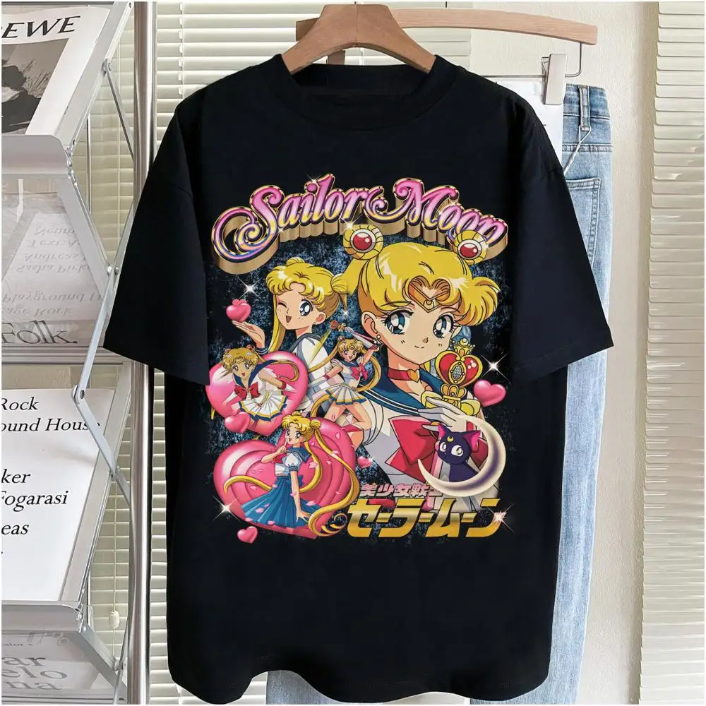 Sailor Moon Vintage Washed T Shirt Women Cotton T-Shirt Casual O Neck Anime Tees Short Sleeve Loose Men's and Women's Tops Trend
