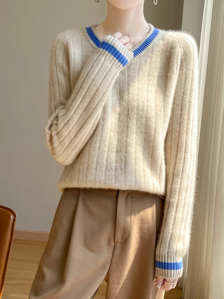 New Fashion Autumn Winter Woman Sweater Elegant 100% Merino Wool Knitwear V-Neck Striped Pullover Lady Long Sleeve Clothing Tops