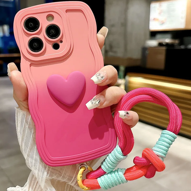 3D Cute Love Heart Gradient Curly Wave Phone Case with Wrist Strap Lanyard For iPhone 15 Pro Max 14 13 12 11 XS X XR 7 8 6S Plus