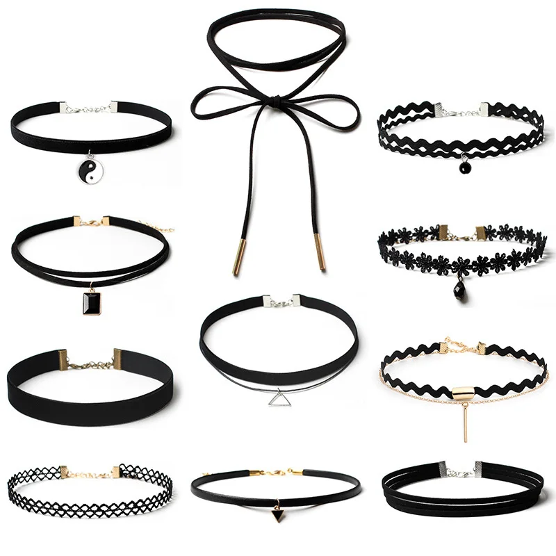 Fashion Black Leather Velvet Choker Necklace for Women Girls Vintage Sexy Lace Collar Necklace with Pendants Gothic Neck Jewelry