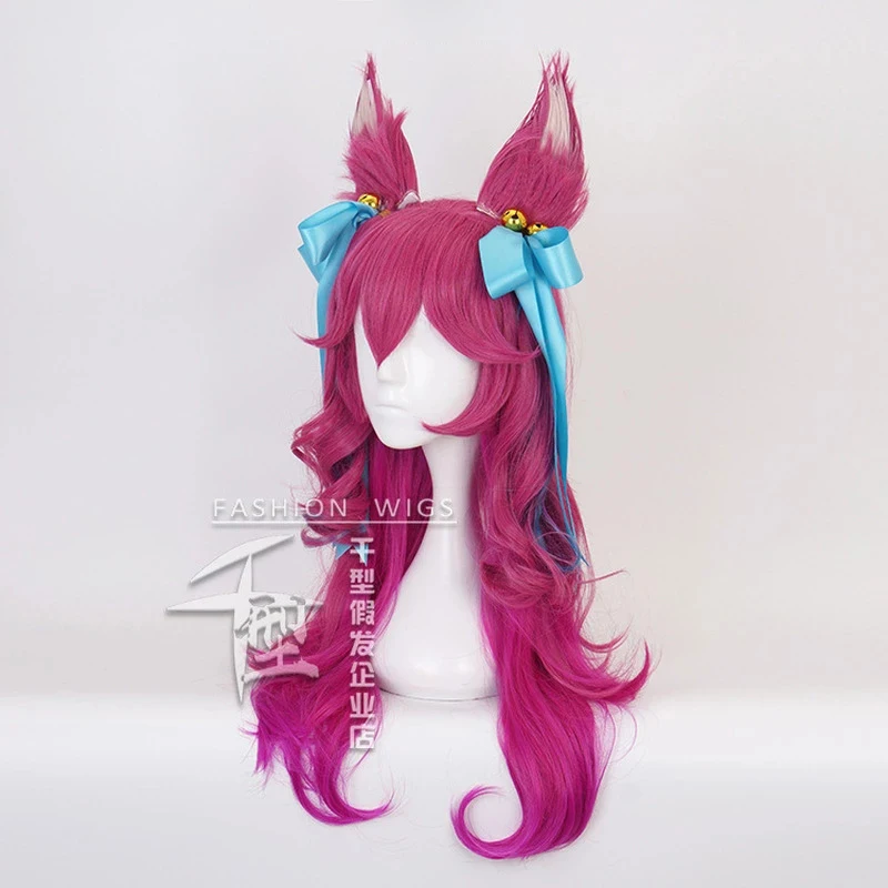 Game LOL Spirit Blossom Ahri Cosplay Wig With Ears Long Curly Wavy Heat Resistant Synthetic Hair Anime Wigs + WigCap + Headwear