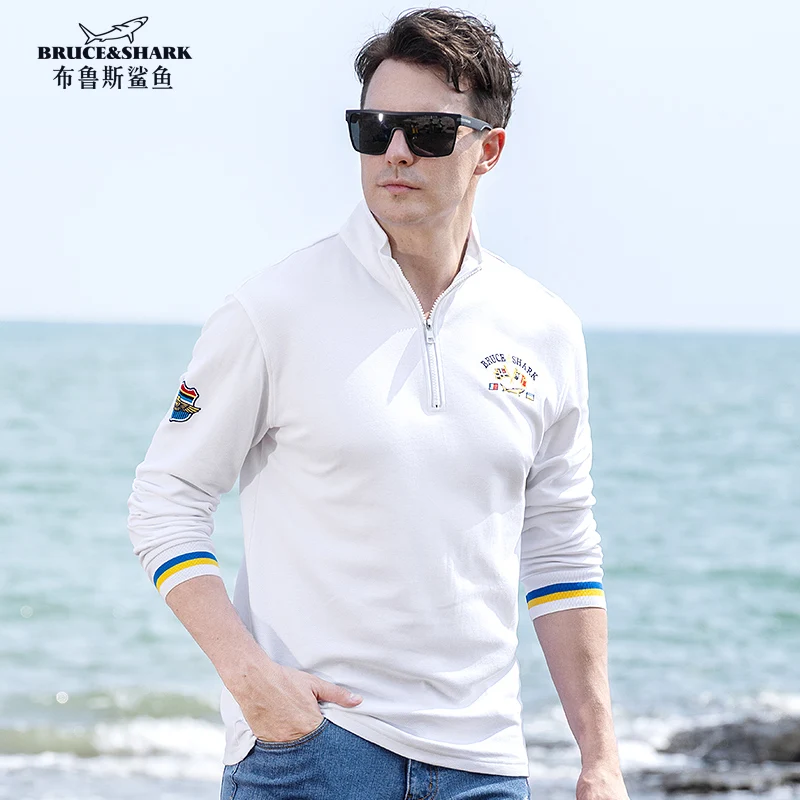 Bruce&Shark four season Wear Solid Full Men\'s Polos Thicken Pure Cotton Polos for Men Casual Business Stand collar Zip Close