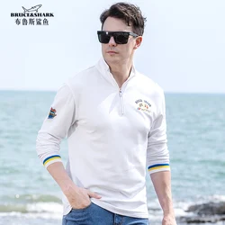 Bruce&Shark four season Wear Solid Full Men's Polos Thicken Pure Cotton Polos for Men Casual Business  Stand collar Zip Close