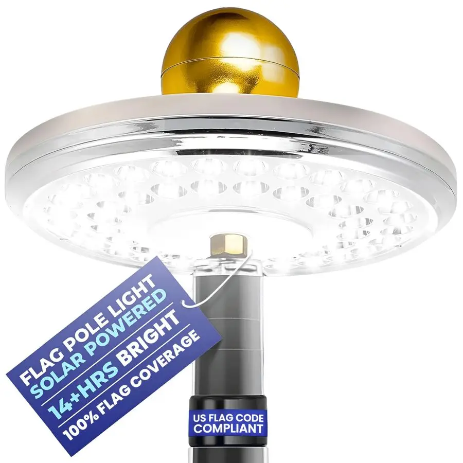 Luz Solar Brillante para Mástil de Bandera, Cobertura de 100 Metros Cuadrados con 48 LED, 14 Horas de Funcionamiento del Anochecer al Amanecer, Impermeable, Cumple con las Normas de EE. UU. Código de activación automática de la bandera