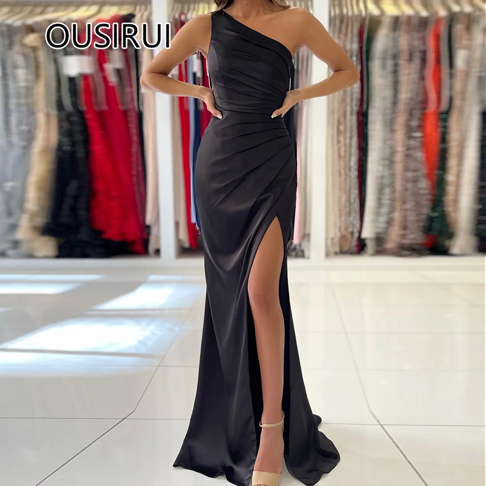 

OUSIRUI Simple One Shoulder Satin Solid Women Evening Dress Sexy Mermaid Side High Slit Court Backless Prom Gown robe de mariée