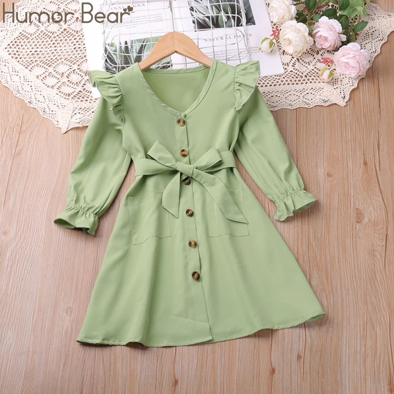 Humor Bear Girls' Clothing New Long Sleeved Dress Fly Sleeve Bow Belt Buckle Fashion Vestidos Casual Outfit 2-6Y