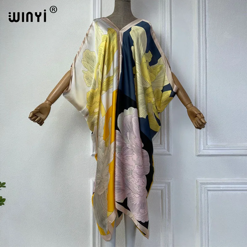 WINYI Summer african V-neck dress Printed beach wear women 2024 Loose Femme Robe Muslim beach cover ups silk feel evening dress