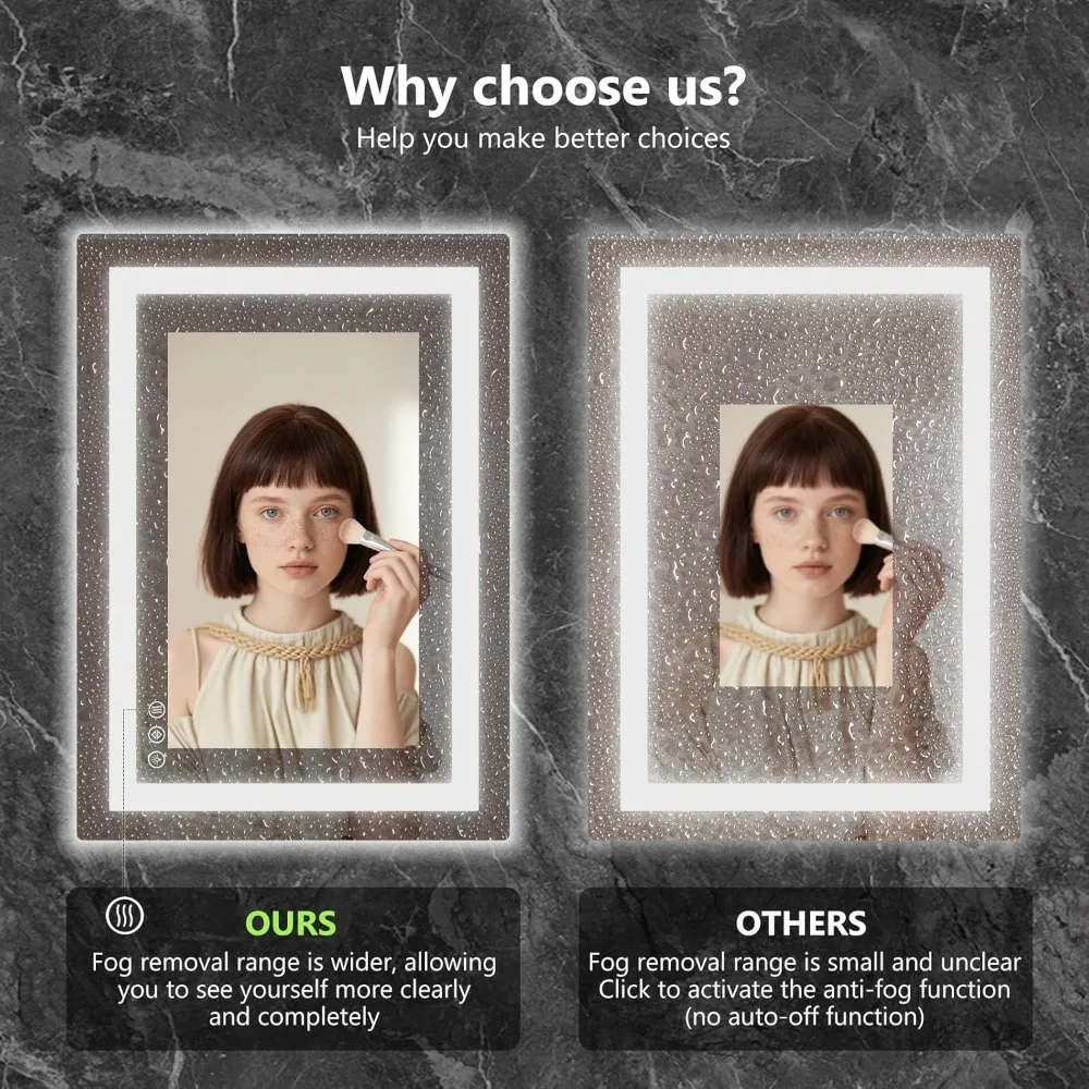 مرآة حمام مثبتة على الحائط بإضاءة LED، 28 × 20، قابلة للتعتيم، مضادة للضباب، إضاءة أمامية وخلفية لمكياج الغرور
