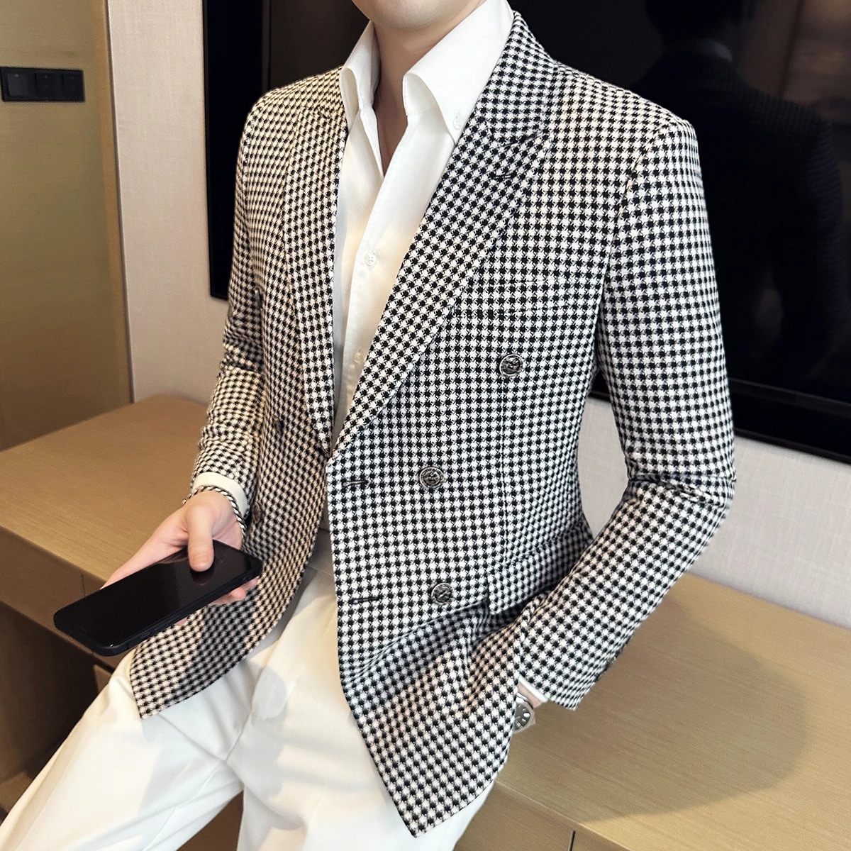 British Style Fashion Double Breasted Casual Blazer Coat 2023 Men Check Slim Fit Suit Jacket Formal Office Wedding Tuxedo Jacket