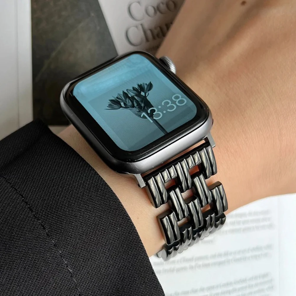 Suitable for Apple Watch five bead striped breathable woven i Watchs9 SE metal watch strap