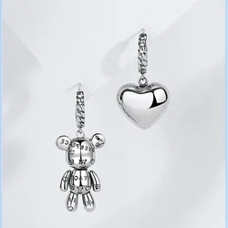 WEIYUE 925 Sterling Silver Heart Bear Women's Earrings Retro Fashion Asymmetric Earrings Accessories Ear Buckles Party Gifts