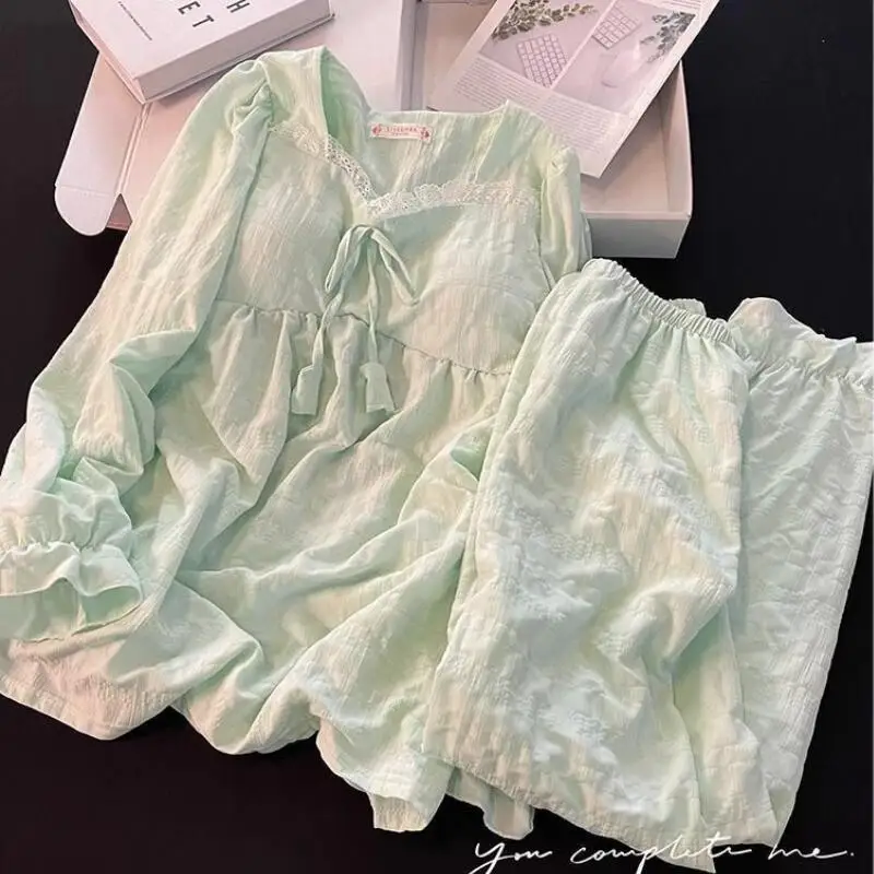 أطقم بيجامات بحافة من الدانتيل للفتيات الصغيرات بأكمام طويلة فضفاضة مع وسادة صدر ملابس كاواي حلوة للترفيه ملابس ربيع الخريف #5