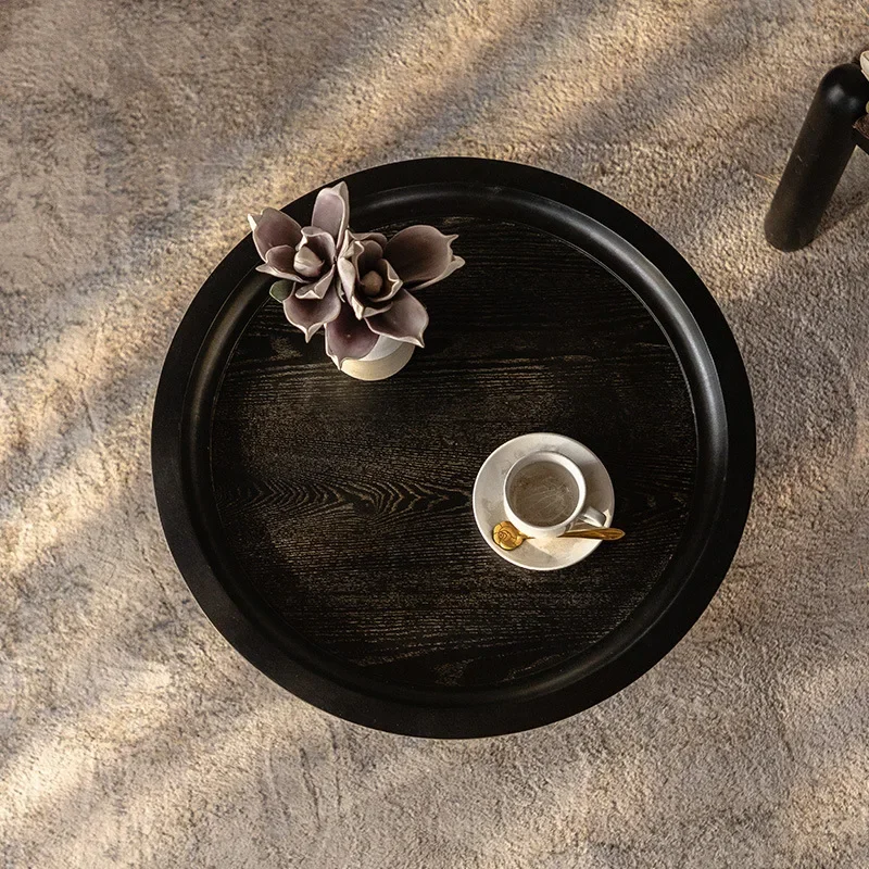 medieval solid wood small round table, black living room sofa edge table for homestay, balcony casual