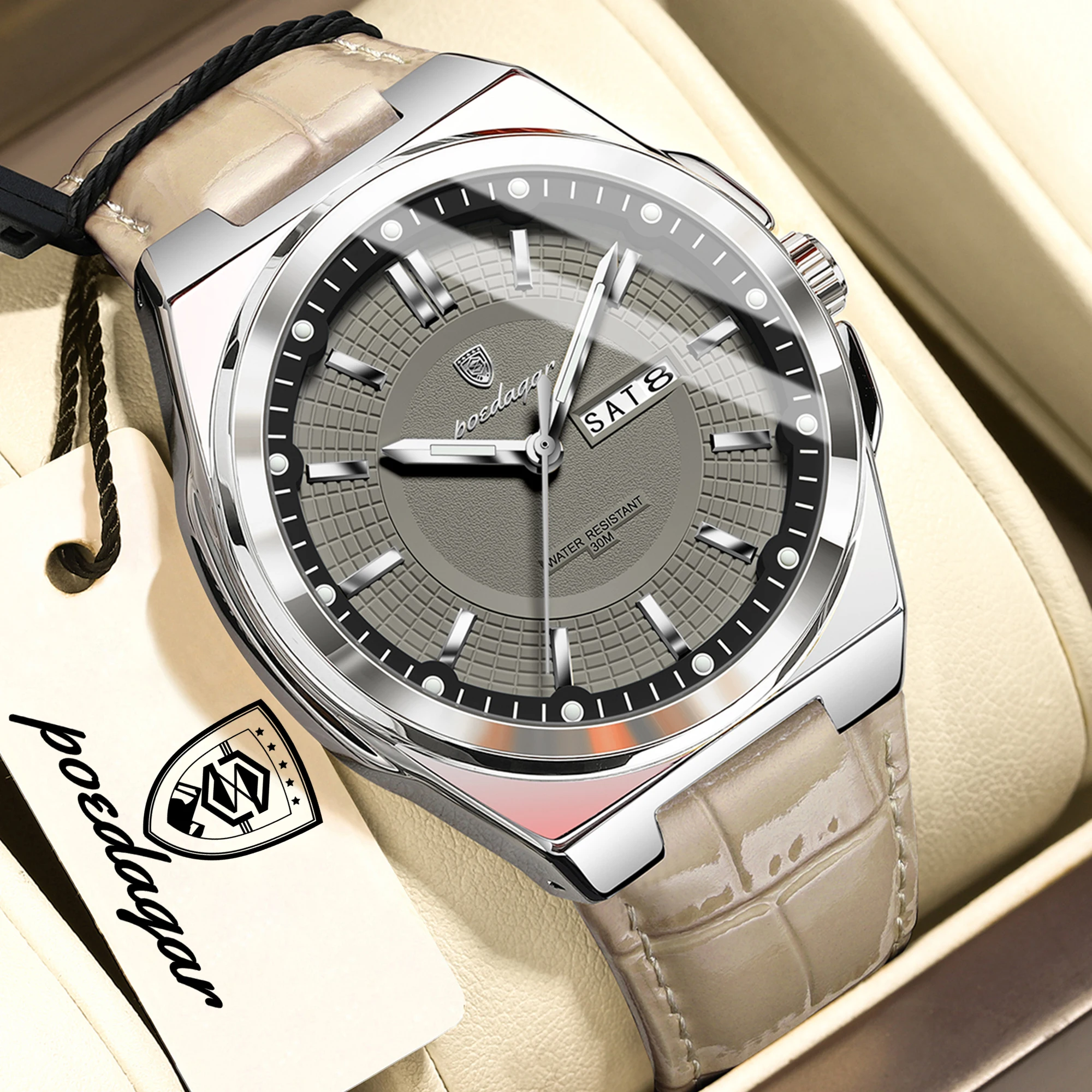 POEDAGAR High Quality Fashion Man Wristwatch Waterproof Luminous Date Week Business Quartz Men's Watches Leather Men Watch Reloj