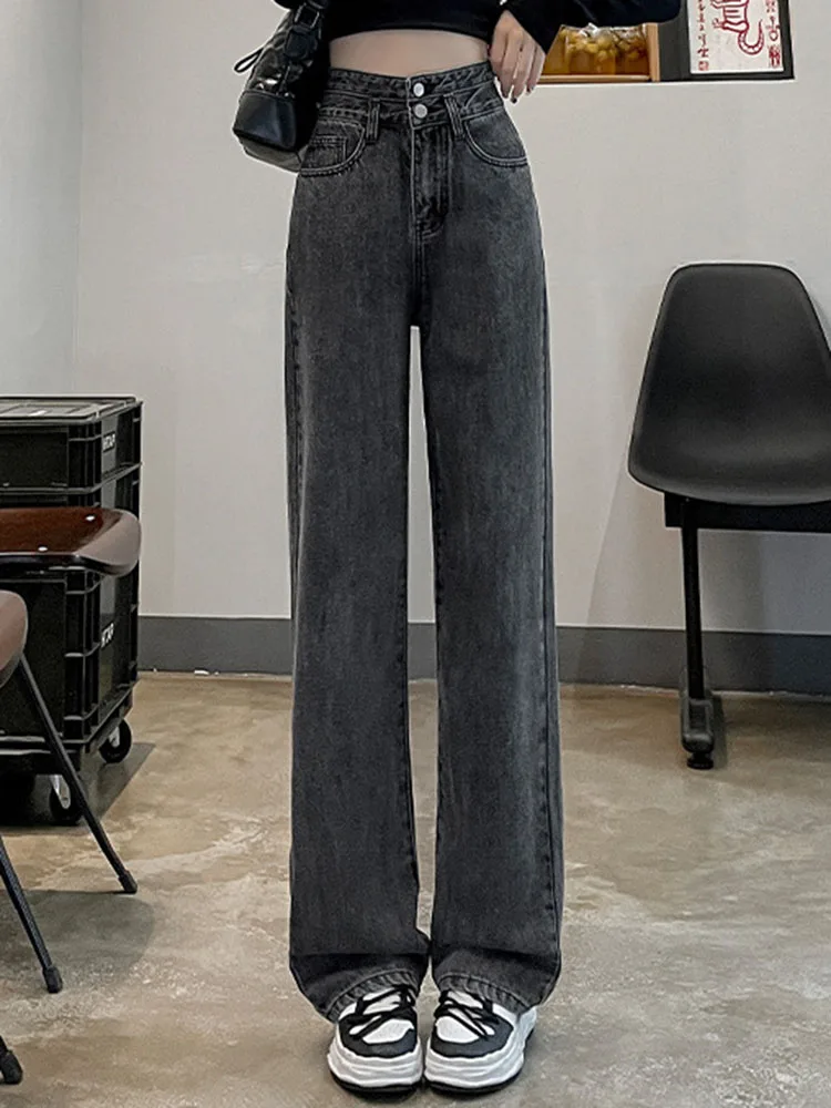 Women Vintage Loose Wide Leg Pants Korean High Waist Baggy Casual Straight Denim Pants Chic Design Double Buckle Solid Vaqueros