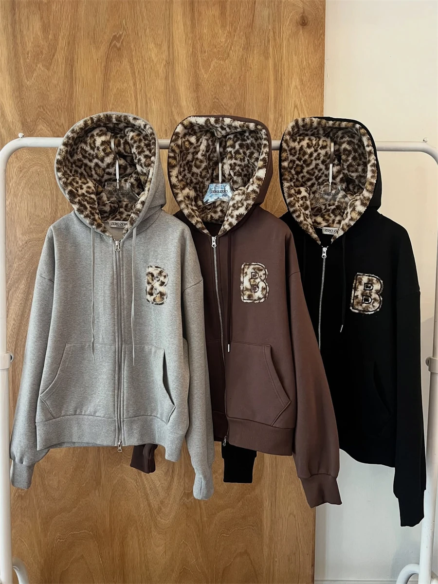 Jaet à capuche imprimé léopard rétro pour femme, manteau décontracté avec fermeture éclair, Patchwork avec lettrage, vêtements d'extérieur d'hiver