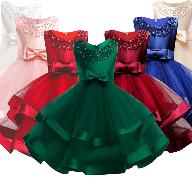 Summer Beading Girl Party Dress Christmas Costume Gala Bow Wedding Birthday Princess Dresses for Girls Baptism Prom Gown Vestido