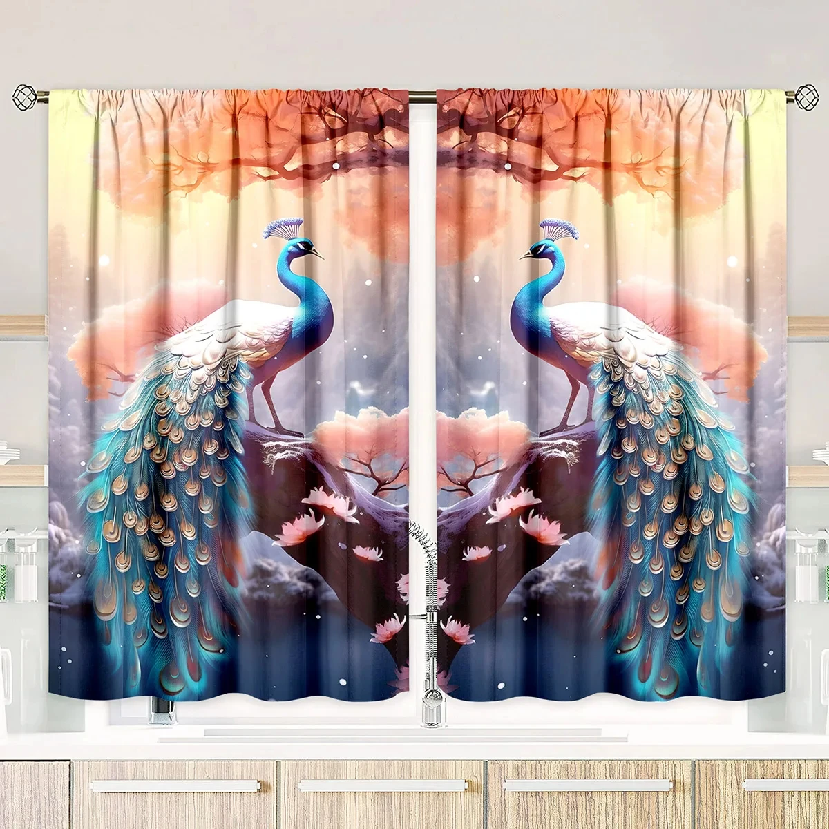 2-piece Peacock Decorative Art Filter Curtain Digital Printed Curtain,Suitable for Living Rooms, Bedrooms, Offices, Kitchens