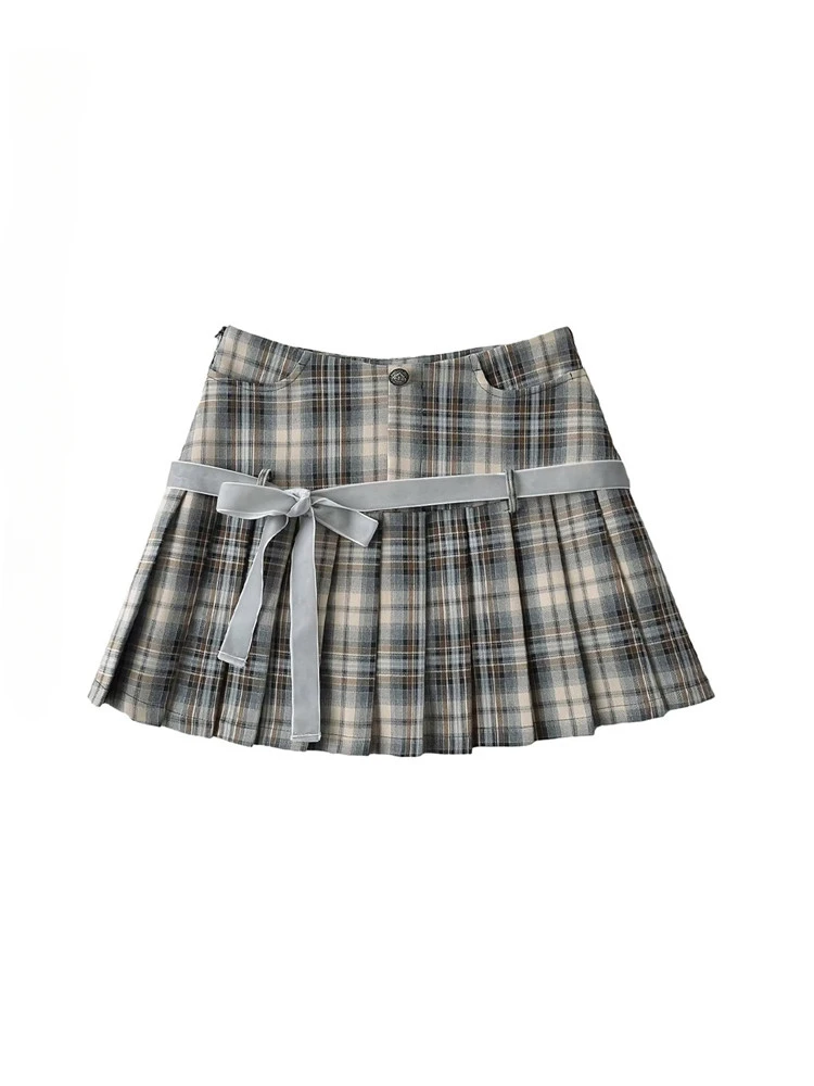 

Sweet Hot Girl Retro College Style Plaid Pleated Short Skirts Women's Summer High Waist Slim Bow Lace-up Anti-exposure Skirt