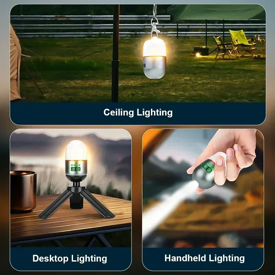 Potente Mini luz LED de Camping con pantalla de energía, gancho magnético, linterna con batería integrada, lámpara colgante para tienda recargable por USB