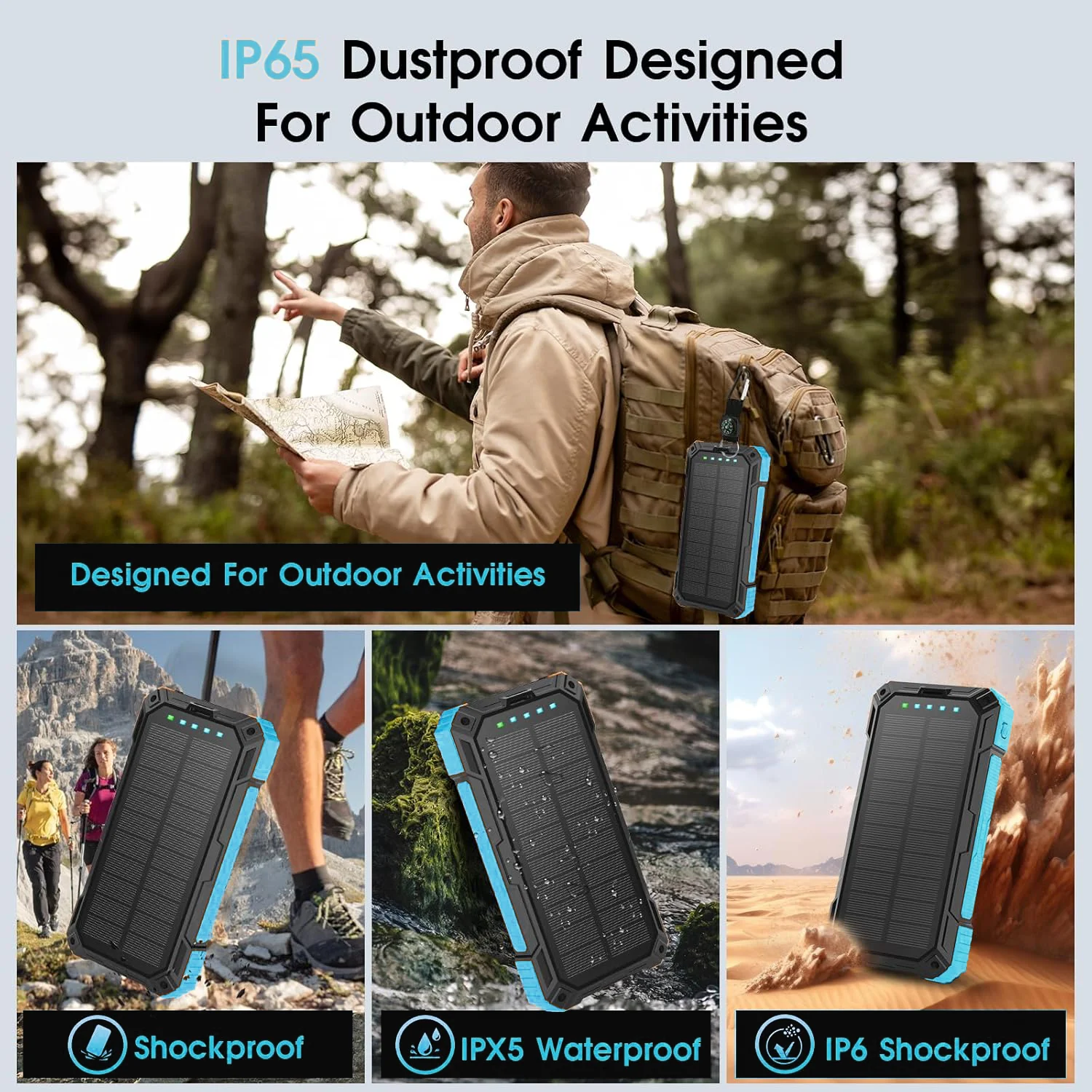 بنك طاقة يعمل بالطاقة الشمسية بقدرة 30000 مللي أمبير في الساعة مع كابلات مدمجة PD 22.5 وات شحن سريع 15 وات شحن لاسلكي IP65 مقاوم للماء والغبار والصدمات