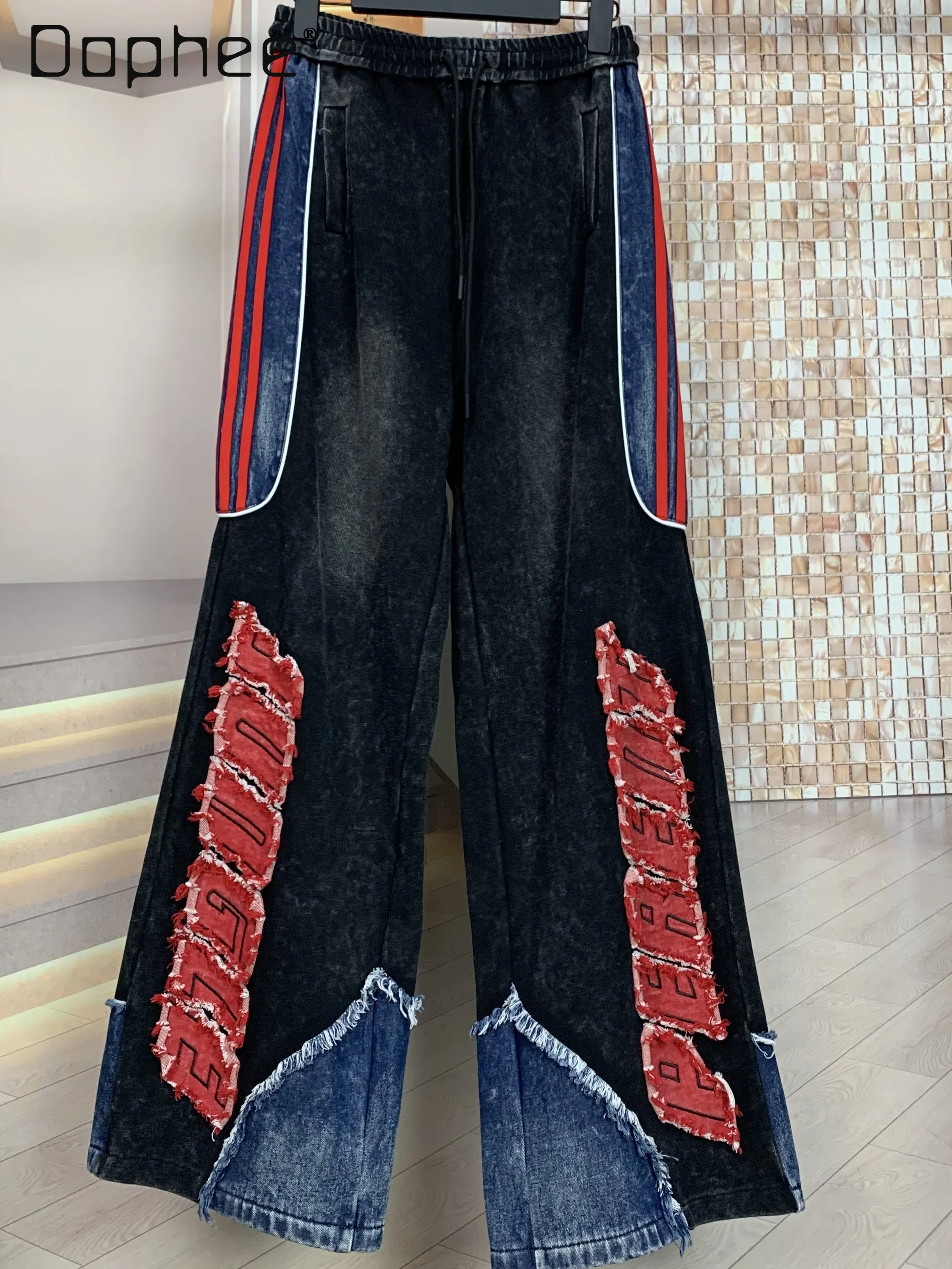 

Модные весенне-летние повседневные брюки в американском стиле, с вышивкой, в стиле пэчворк, с цветными блоками и вышитыми буквами, свободного кроя, универсальные