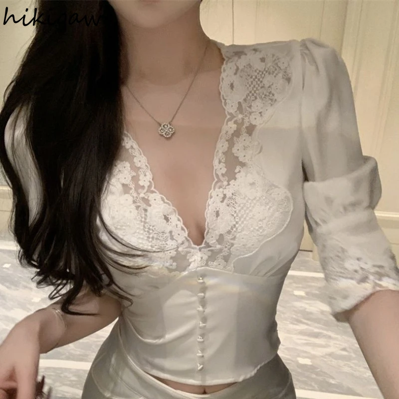 

Crop Tops Women Sexy Shirts Puff Sleeve Deep V-neck Tunic Blouses Patchwork Lace Temperament Blouse Summer Blusas Mujer De Moda