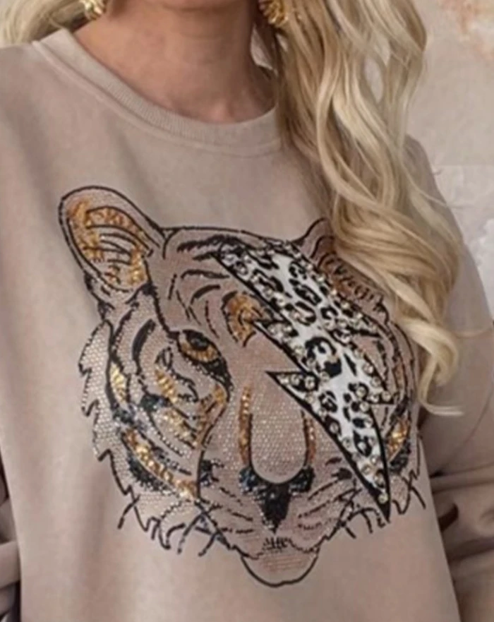 New In Stock Women's Autumn Leopard Pattern Round Neck Rhinestone Decoration Long Sleeved Wool Lining Pullover Sweatshirt