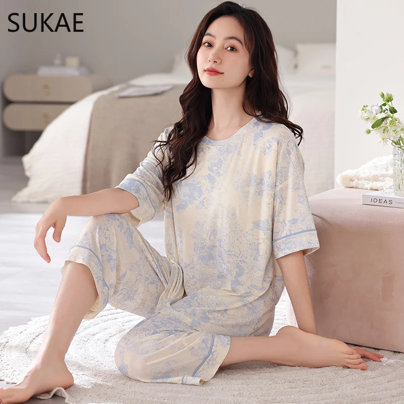 SUKAE Women Summer Calf-length Sleepwear Casual Pajamas Set Soft Cool Modal M-5XL Plus Size Pijamas for Woman Leisure Lingerie