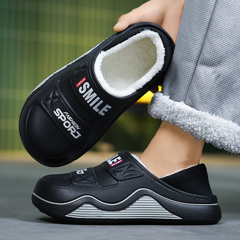 Men Winter Fuzzy Lined Slippers,Thick Wave‑Shaped Sole Slip‑On Half‑Shoes,Waterproof Warm Indoor Outdoor Casual Home Slippers