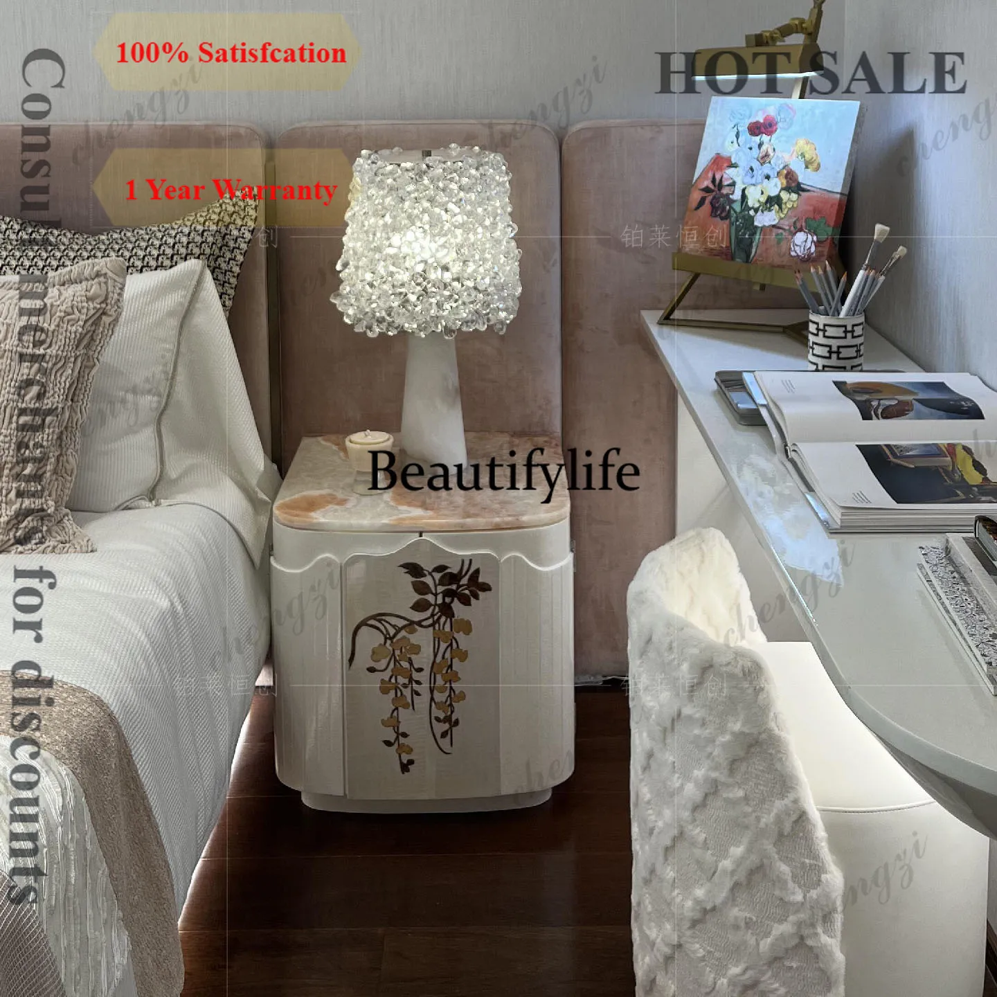 Mesita de noche italiana de lujo ligero B567, mesita de noche de alta gama para dormitorio, diseño artístico y creativo para el hogar