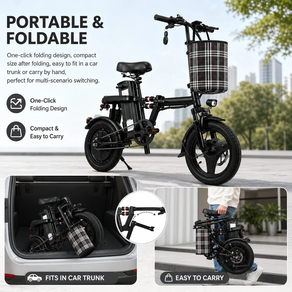 Foldable Electric Bike for Adults 500W 48V 15Ah 14" Tires 8 Shock Absorbers Portable Commuter E-Bicycle Folding Scooter image 5